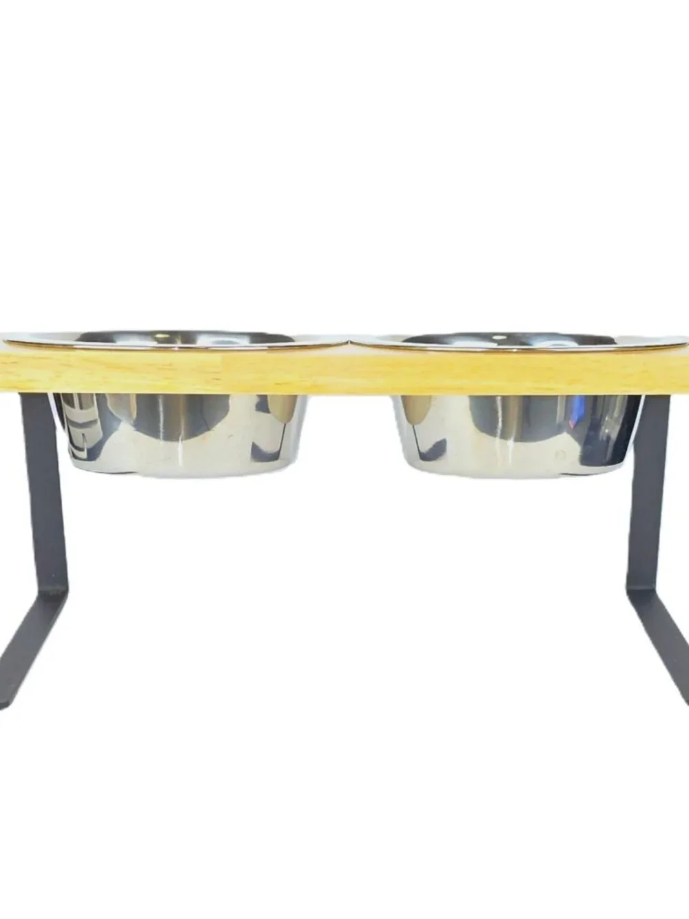 Elevated Double Cat Dog Bowls Wooden 15° Tilted Raised Stand Stainless Steel